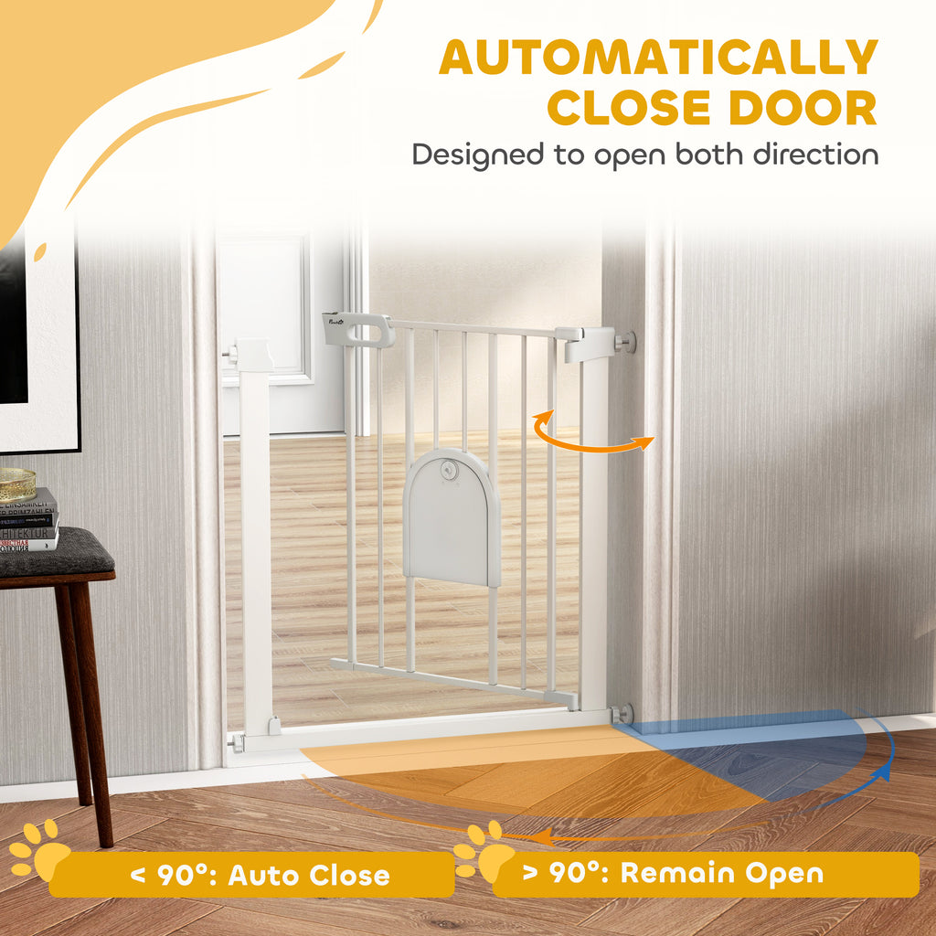 PawHut 75-82cm Pet Safety Gate, Pressure Fit Stair, with Cat Flap, Double Locking, White