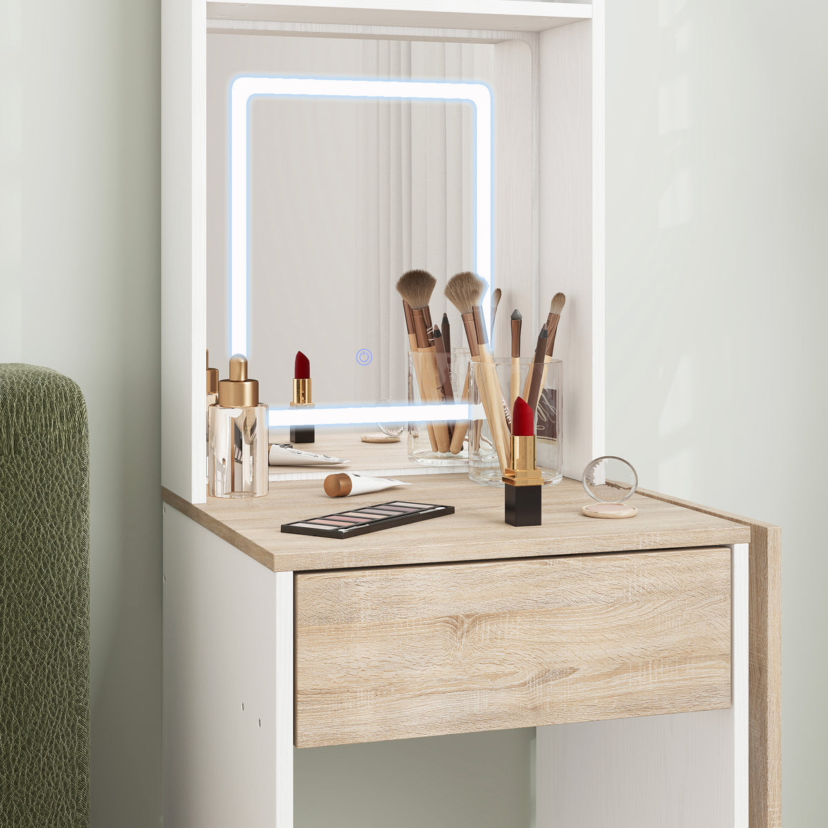 Small Vanity Desk with Mirror and LED Lights, Compact Dressing Table with Drop Leaf, Open Shelves and Drawer, White
