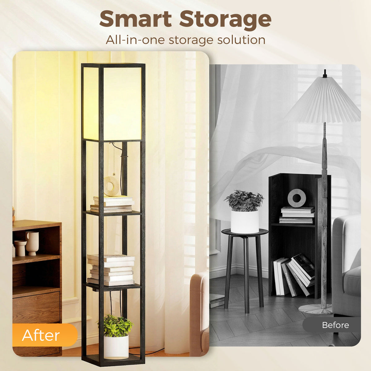 Floor Lamp with Shelves, 3 Layer Column Modern Standing Lamp for Living Room, Bedroom, Office, Black