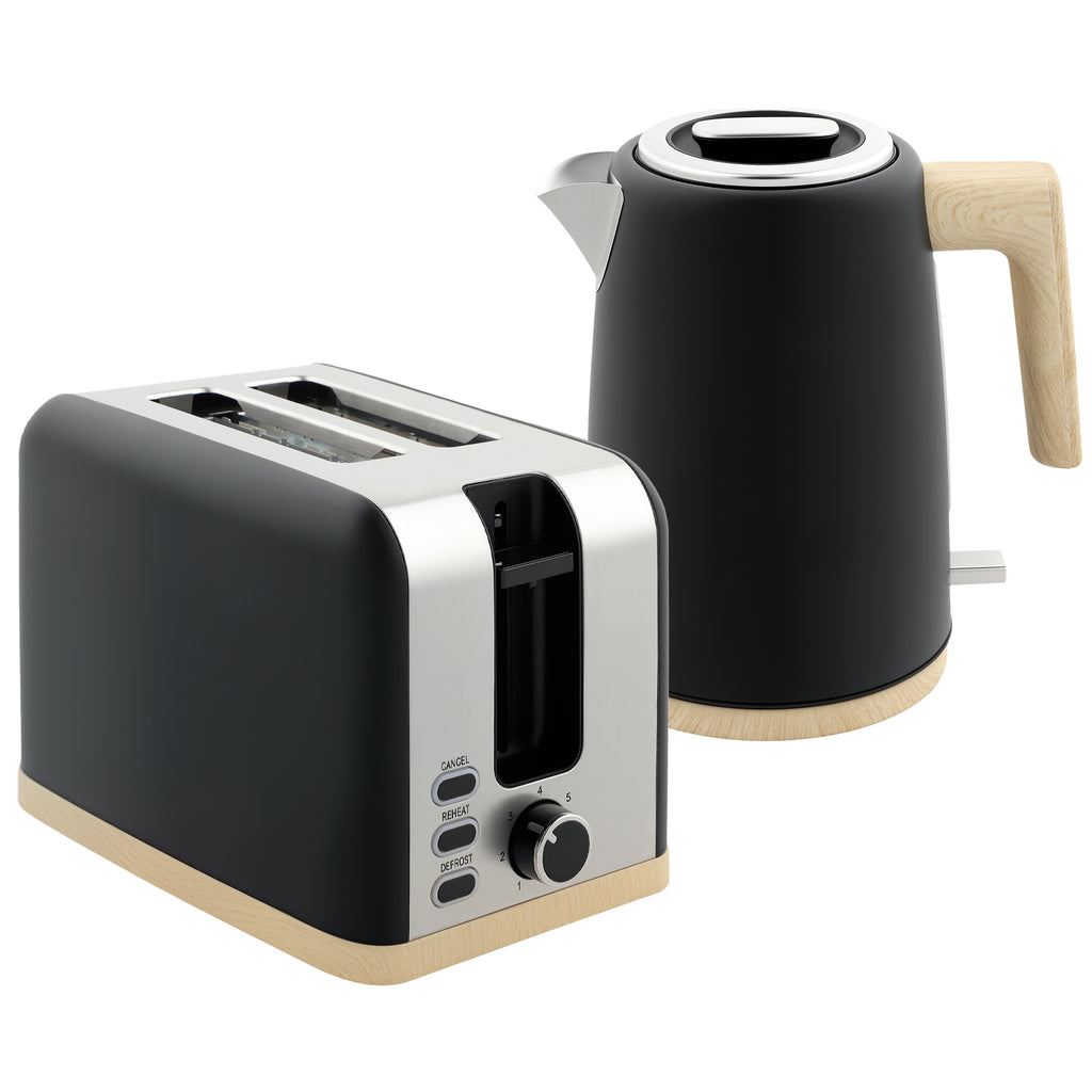 Stainless Steel Kettle and Toaster Set, 1.7L 3000W Fast Boil Kettle & 2 Slice Toaster Kitchen Set with 7 Level Browning Controls, Defrost, Reheat, Auto Off, Boil-dry Protection, Black