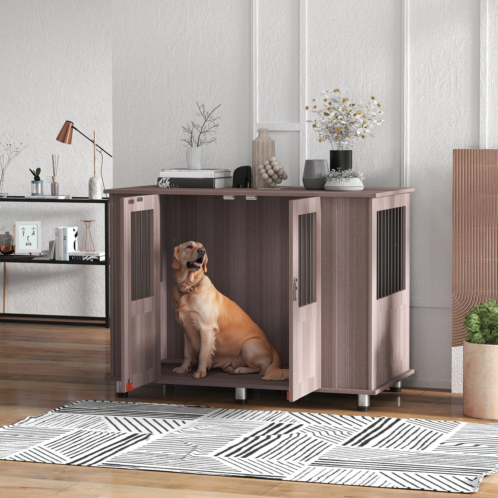 PawHut Dog Crate Table for Medium and Large Dogs with Magnetic Door for Indoor Use, 114 x 60 x 82 cm, Purple