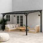 Outsunny 3 x 4.3 m Lean to Pergola with UPF 50+ Waterproof Polycarbonate Roof, Wall-Mounted or Free Standing Hardtop Roof Garden Metal Pergola Gazebo, Heavy Duty Outdoor Sun Shade, Dark Grey