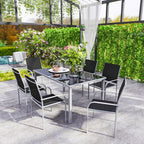 Outsunny 7 Piece Outdoor Garden Dining Set with Table and 6 Stackable Chairs, Steel Frame, Tempered Glass Top, Mesh Seats, Black
