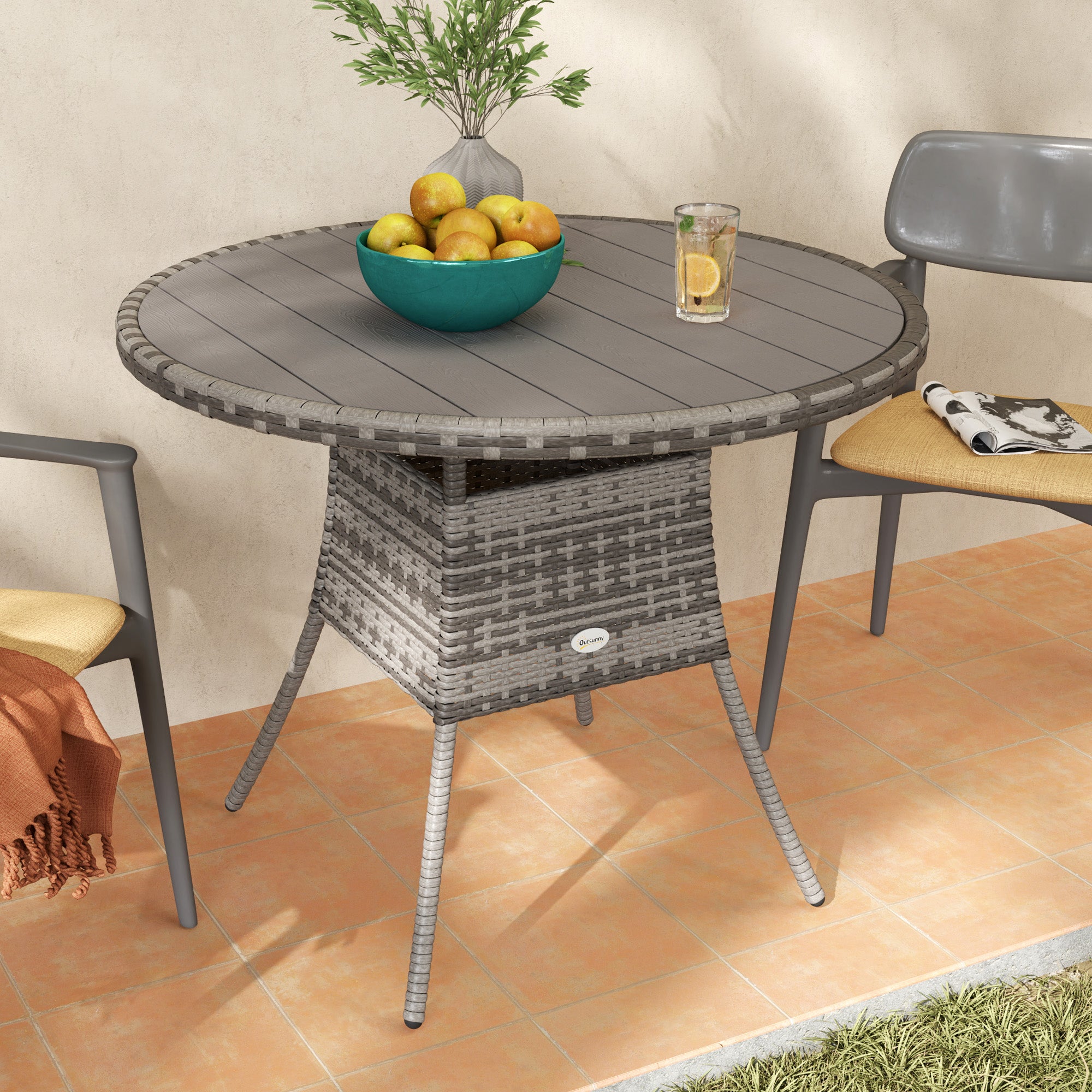 Outsunny 90 cm Wood-Effect Rattan Garden Table - Grey