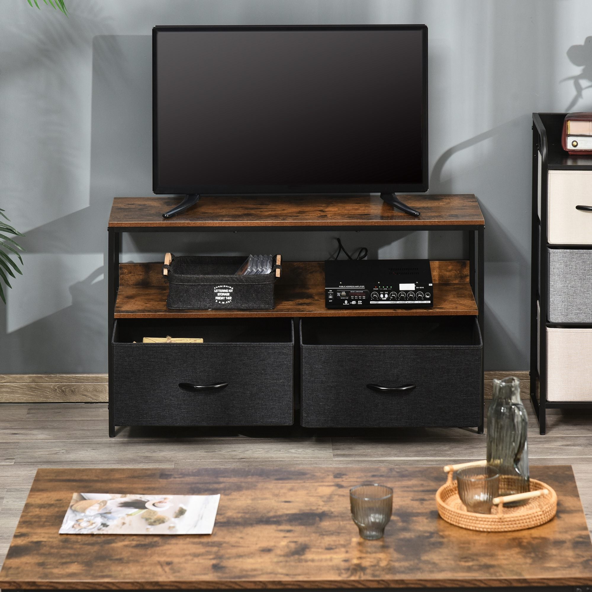 TV Stand Cabinet with 2 Foldable Drawers - Rustic Brown