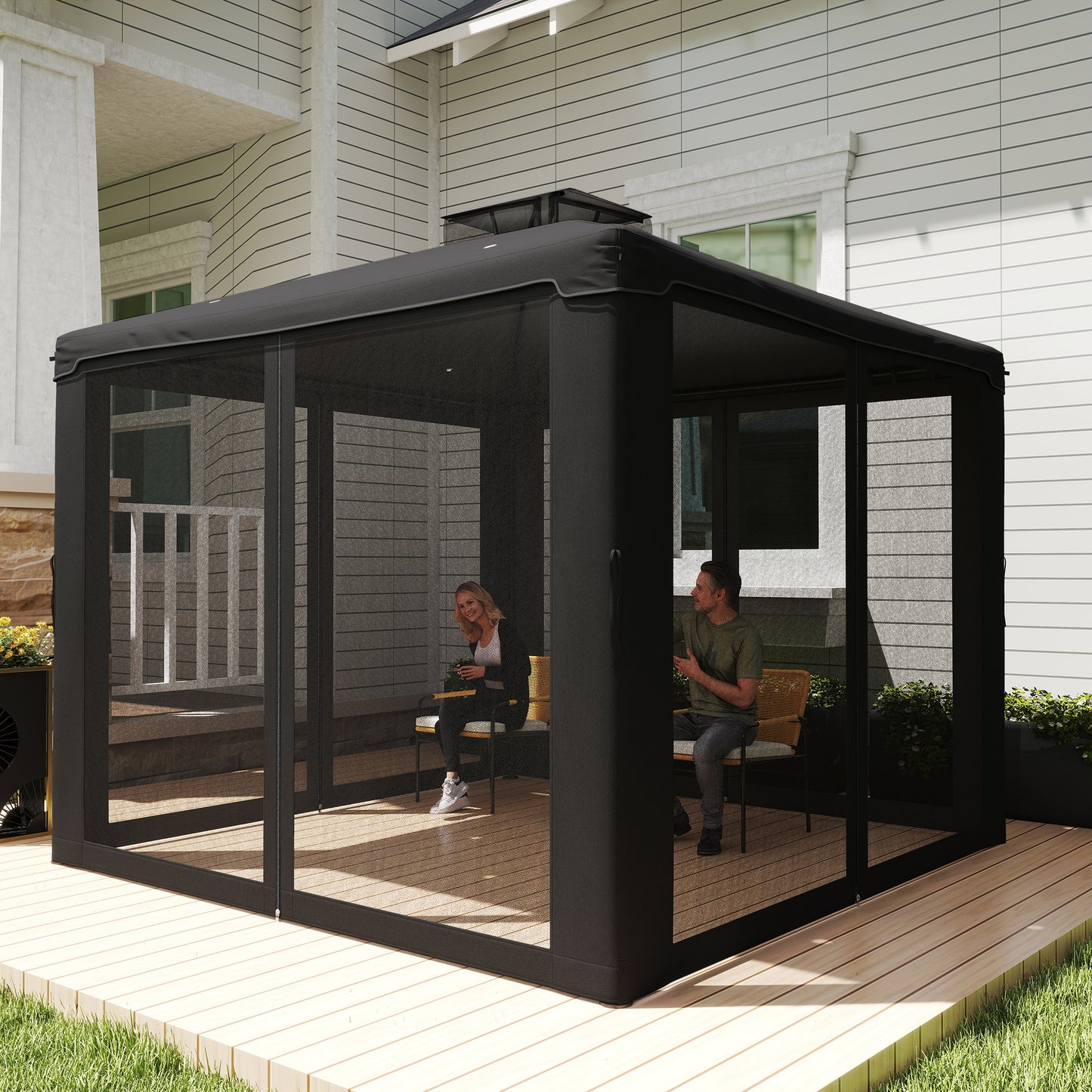 Outsunny 3 x 3 m Metal Gazebo, Garden Pavillion, Double Roof Outdoor Canopy Shelter with Mesh Sidewalls, Black