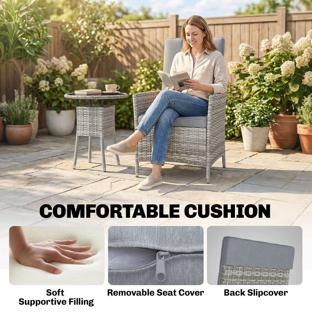 Outsunny Rattan Bistro Set, Reclining Garden Chairs and Glass Coffee Table with Cushions for Patio Balcony Porch, Light Grey
