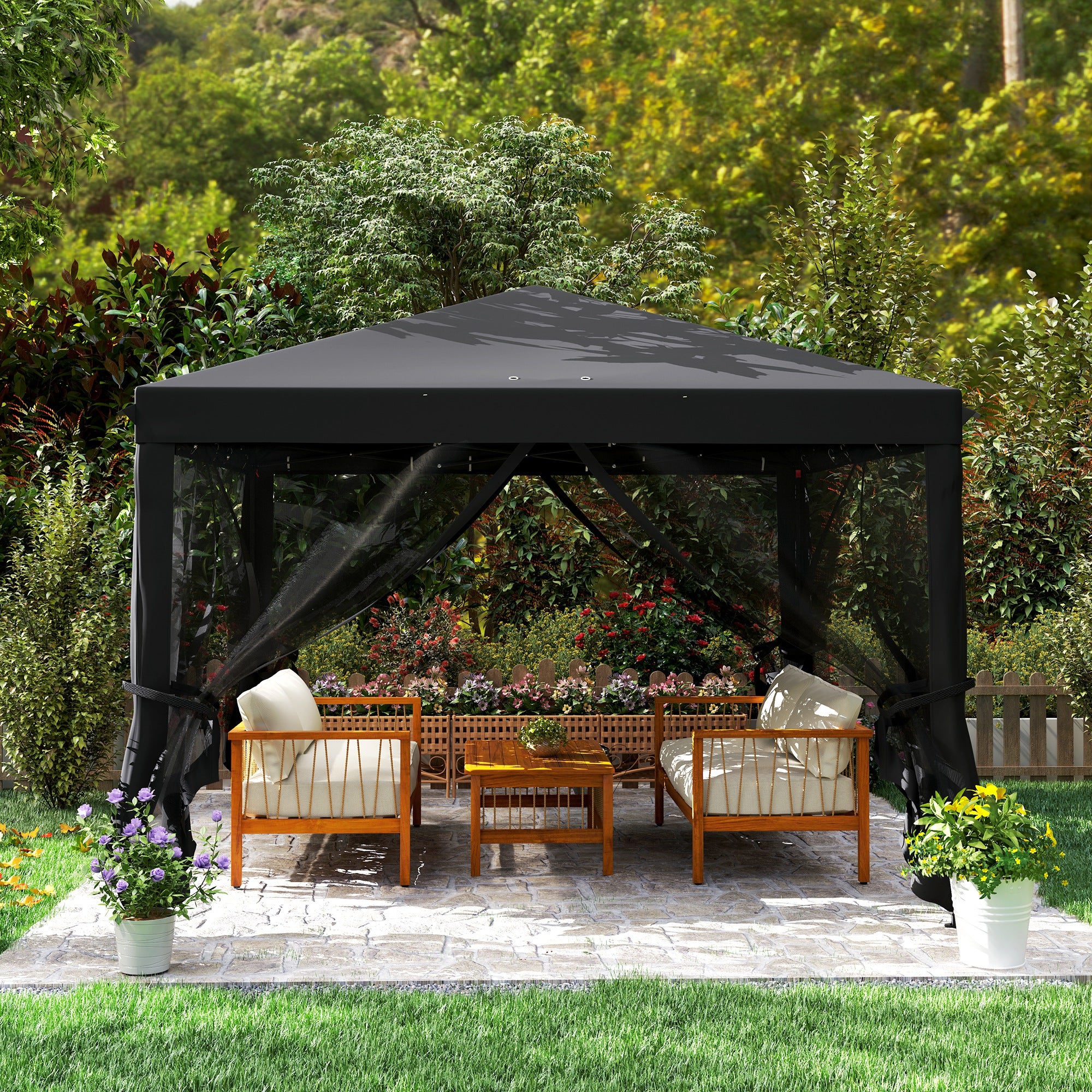 Outsunny 3 x 3 m Pop Up Gazebo, 420D Garden Tent Canopy with Removable Mesh Sidewall Netting, Carry Bag for Garden Patio Outdoor, Black