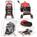 PawHut Detachable Pet Stroller with Rain Cover, 3 In 1 Cat Dog Pushchair, Foldable Carrying Bag w/ Universal Wheels, Brake, Canopy, Basket, Storage Bag for Small and Tiny Dogs - Red