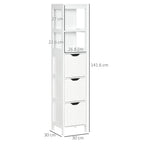 HOMCOM Narrow Floor Cabinet, Bathroom Cabinet with 3 Drawers and 2 Open Shelves, 30W x 30D x 141.6Hcm, White