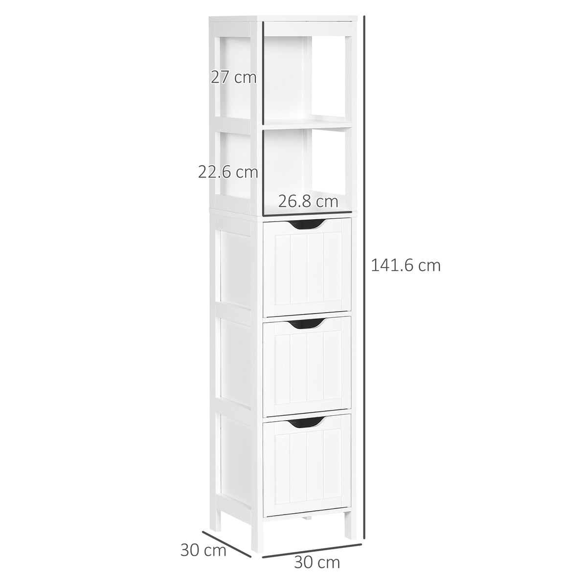 Narrow Floor Cabinet, Bathroom Cabinet with 3 Drawers and 2 Open Shelves, 30W x 30D x 141.6Hcm, White