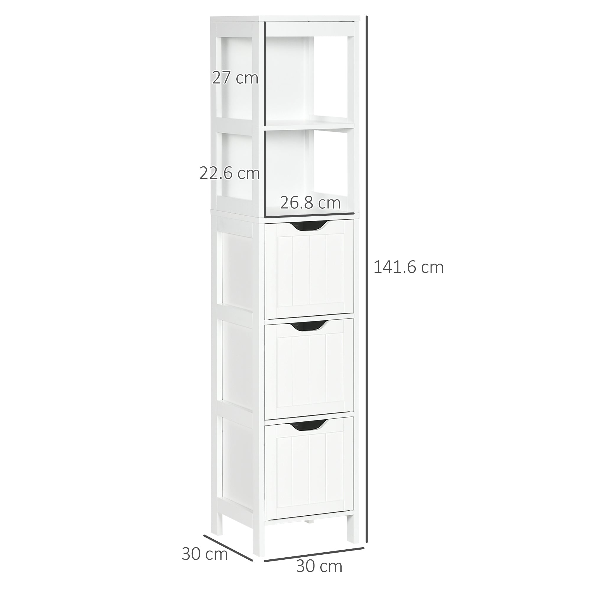 HOMCOM Narrow Floor Cabinet, Bathroom Cabinet with 3 Drawers and 2 Open Shelves, 30W x 30D x 141.6Hcm, White
