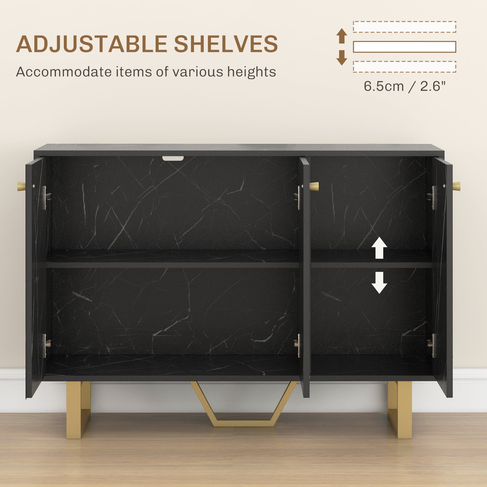 HOMCOM Sideboard Storage Cabinet, Modern Storage Cupboard with Adjustable Shelves and Metal Legs for Living Room, Kitchen, Dining Room, Entryway, Black Marble Tone