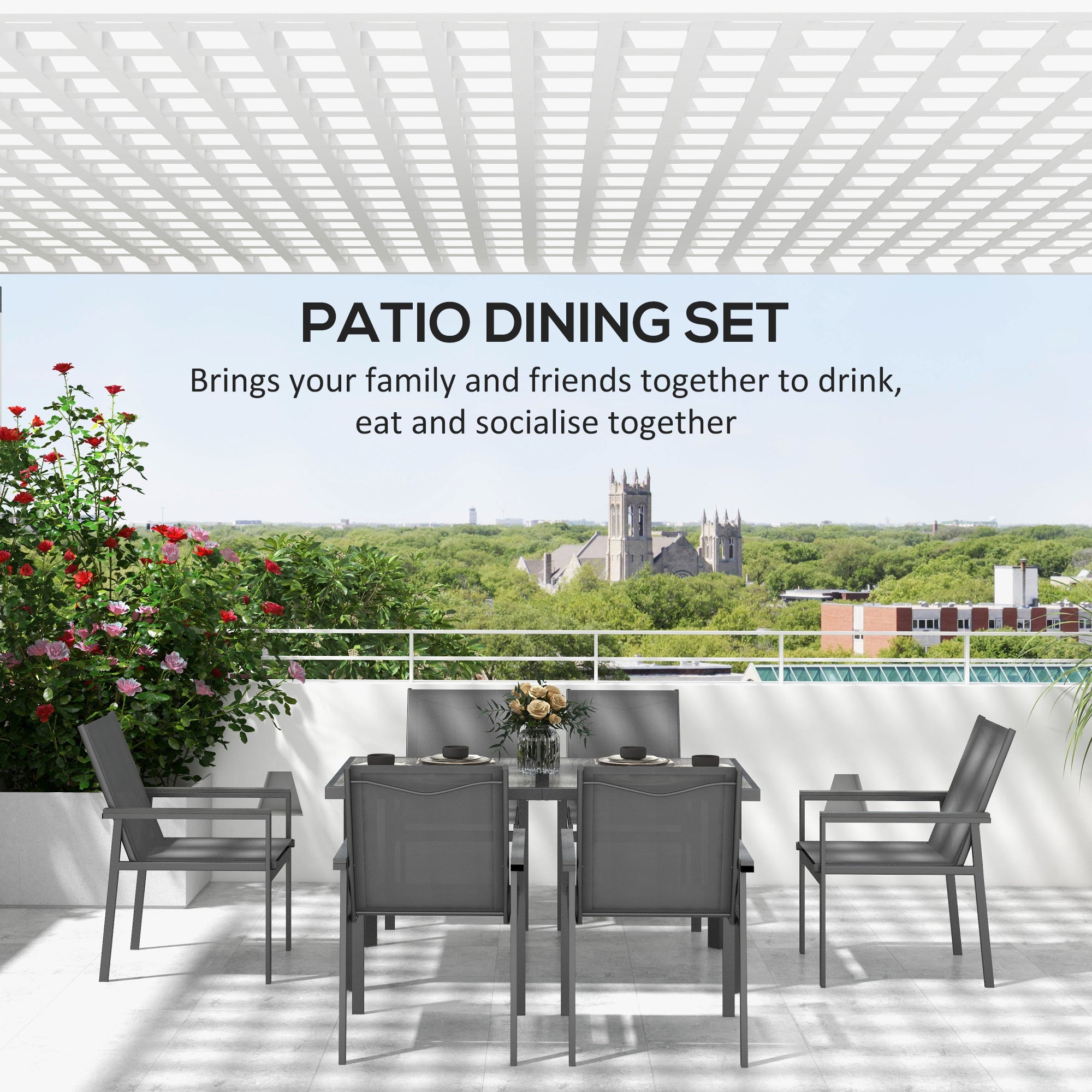 Outsunny Seven-Piece Metal Dining Set, with Glass-Top Table - Grey