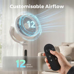 20dB Silent Standing Fan, 70°+90° Auto Oscillating Fan with 12 Speeds, LED Light, Air Circulator, Remote Control, 12H Timer, for Bedroom, 46 Inch, White