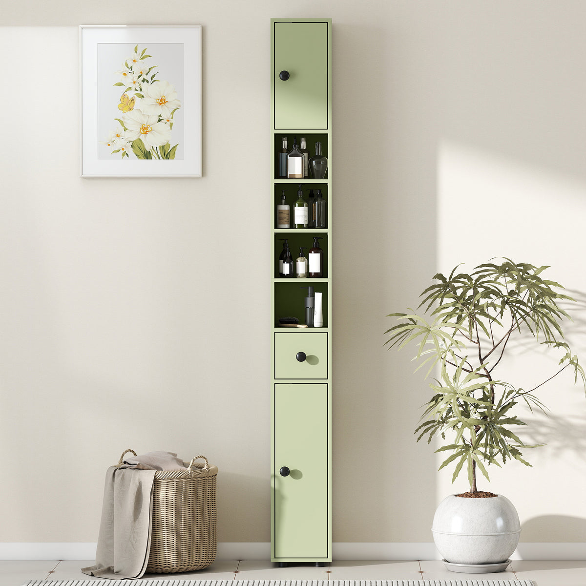 kleankin 180cm Slim Bathroom Cabinet, with Drawer, Shelves and Cupboards - Green