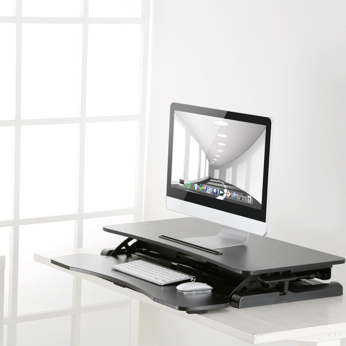 ProperAV Two Tier Worktop Stand Up Desk Converter with Gas Spring Lift & Variable Height Settings - Black