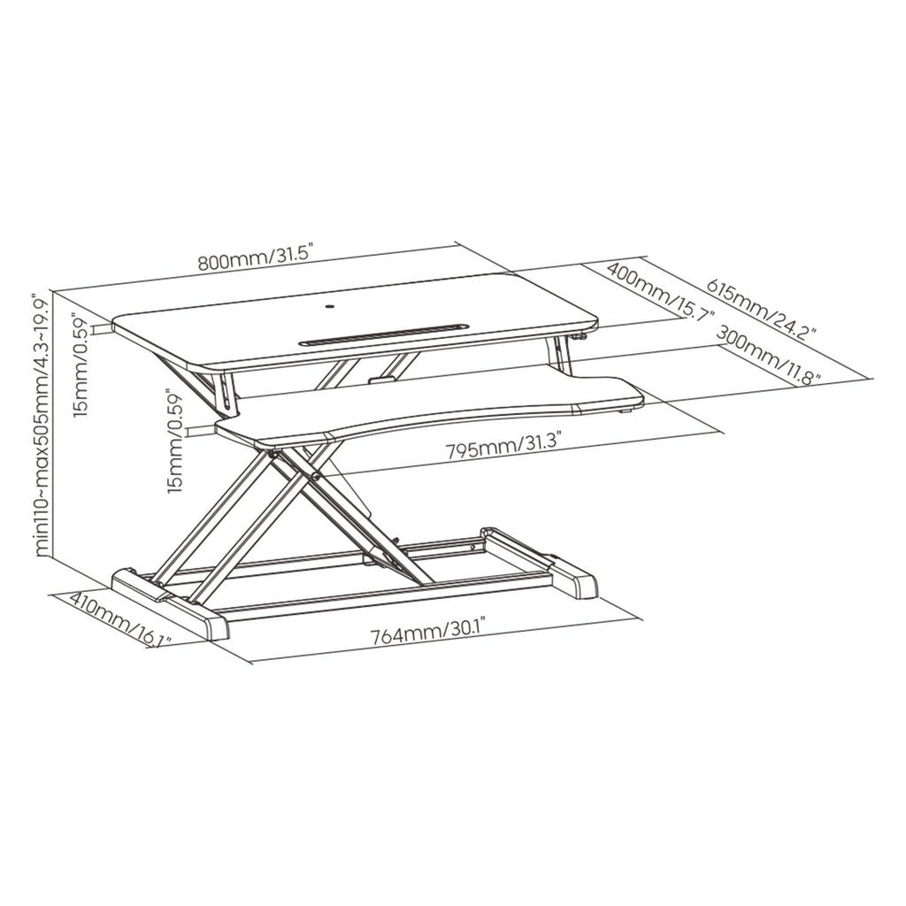 ProperAV Two Tier Worktop Stand Up Desk Converter with Gas Spring Lift & Variable Height Settings - Black