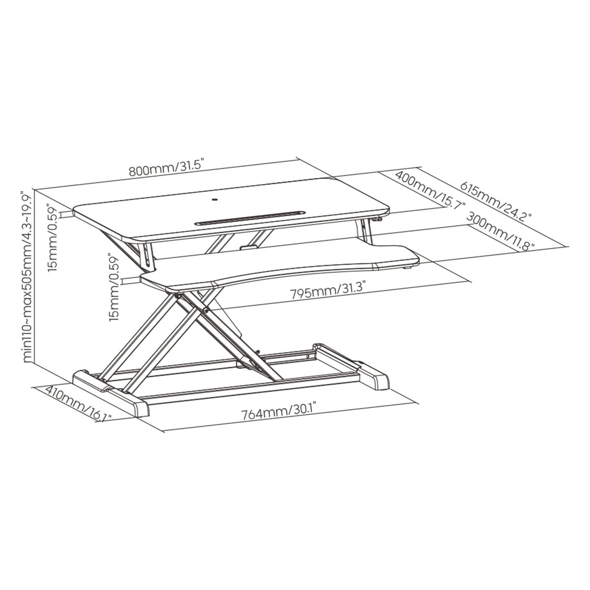 ProperAV Two Tier Worktop Stand Up Desk Converter with Gas Spring Lift & Variable Height Settings - Black
