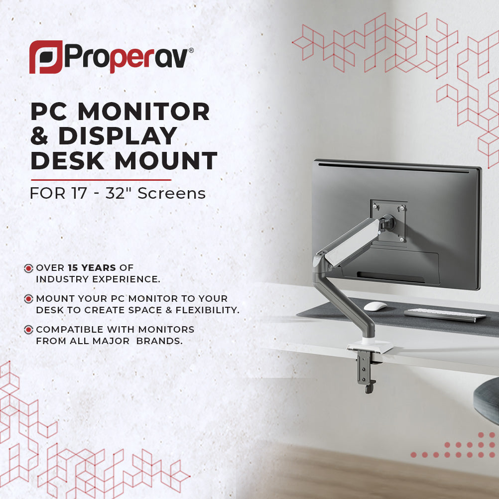 ProperAV Desk Monitor Mount 17" - 32" Gas Spring Swing Arm VESA Max 100x100