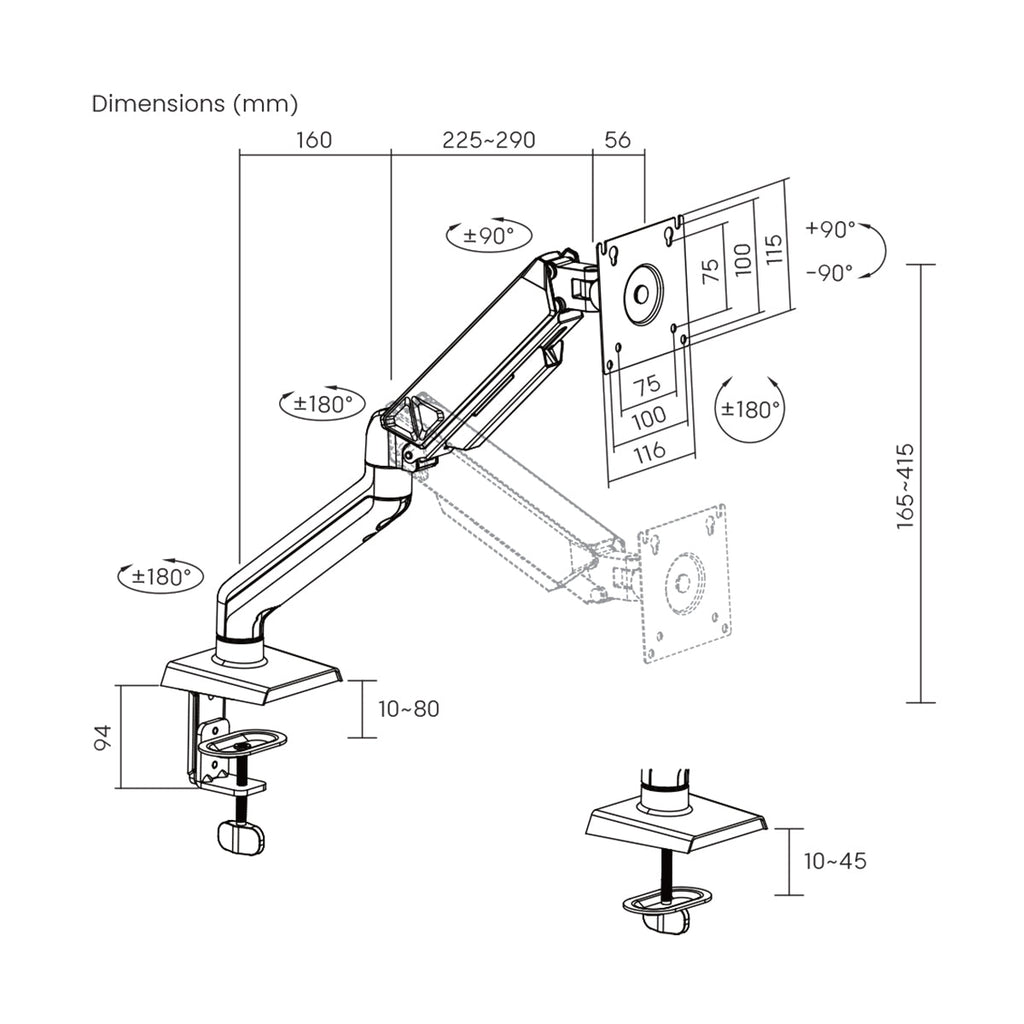 ProperAV Desk Monitor Mount 17" - 32" Gas Spring Swing Arm VESA Max 100x100