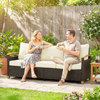 Outsunny 3 Seater Rattan Garden Sofa, PE Wicker Outdoor Sofa Wide Deep Seat, 4" Cushions, Wood-Effect Armrests Legs, Brown
