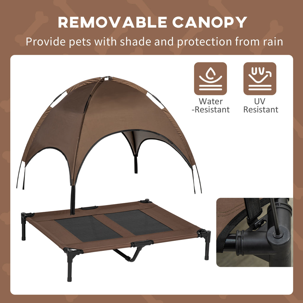 PawHut Outdoor Dog Bed with Removable Canopy, Portable Raised Dog Bed for Camping, Garden & Beach, Water-Resistant UV-Protection Mesh Pet Cot Sun Lounger, for Large Pets, 92 x 76 x 90 cm, Brown