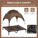 PawHut Outdoor Dog Bed with Removable Canopy, Portable Raised Dog Bed for Camping, Garden & Beach, Water-Resistant UV-Protection Mesh Pet Cot Sun Lounger, for Large Pets, 92 x 76 x 90 cm, Brown