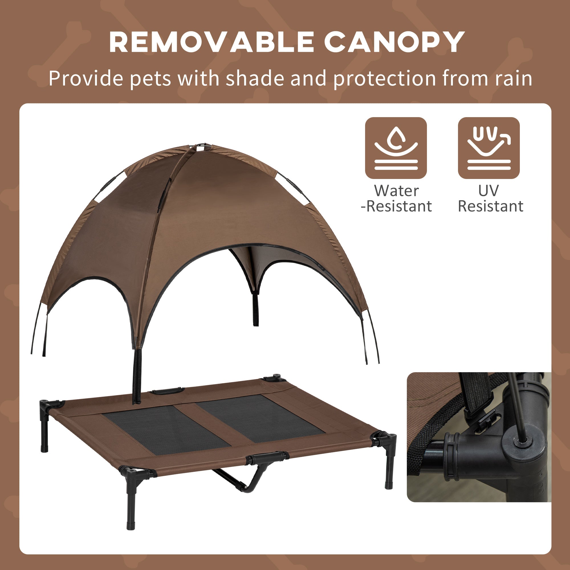 PawHut Outdoor Dog Bed with Removable Canopy, Portable Raised Dog Bed for Camping, Garden & Beach, Water-Resistant UV-Protection Mesh Pet Cot Sun Lounger, for Large Pets, 92 x 76 x 90 cm, Brown