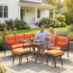 Outsunny 6 Piece Rattan Garden Furniture Set, 8 Seater Garden Corner Sofa with Cushions and Glass Top Table, Orange