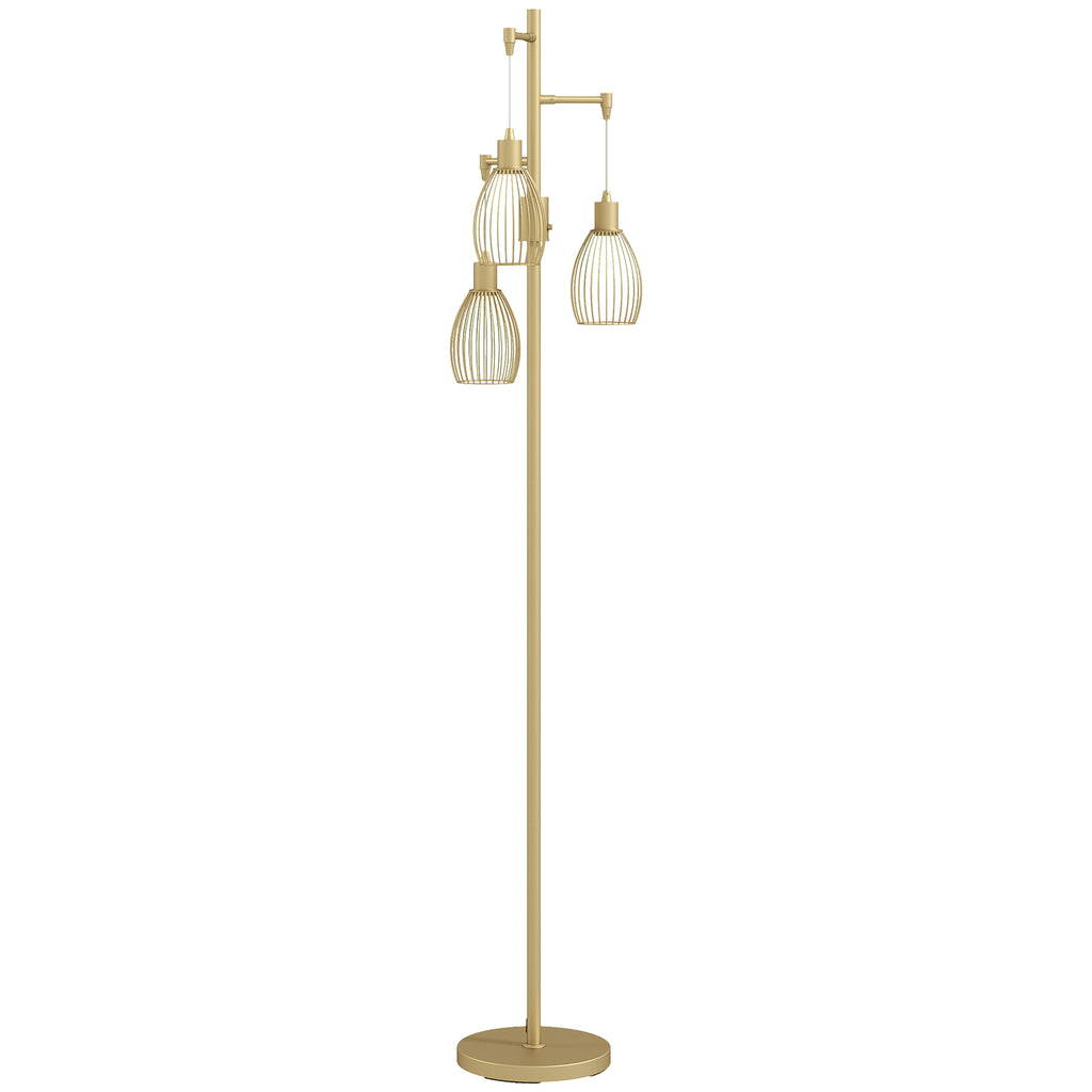 3-Light Floor Lamp, 170cm Industrial Dimmable Standing Lamp with Steel Wire Cage Lampshades for Living Room, Bedroom, Dining Room, Study, Bulb Not Included, Gold Tone