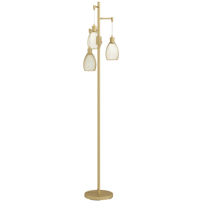 3-Light Floor Lamp, 170cm Industrial Dimmable Standing Lamp with Steel Wire Cage Lampshades for Living Room, Bedroom, Dining Room, Study, Bulb Not Included, Gold Tone