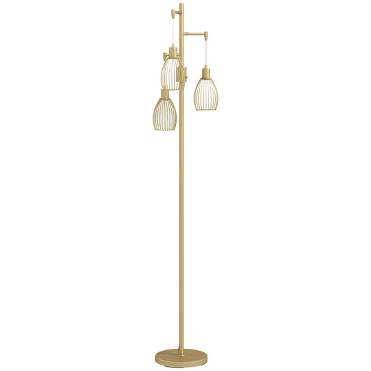 3-Light Floor Lamp, 170cm Industrial Dimmable Standing Lamp with Steel Wire Cage Lampshades for Living Room, Bedroom, Dining Room, Study, Bulb Not Included, Gold Tone