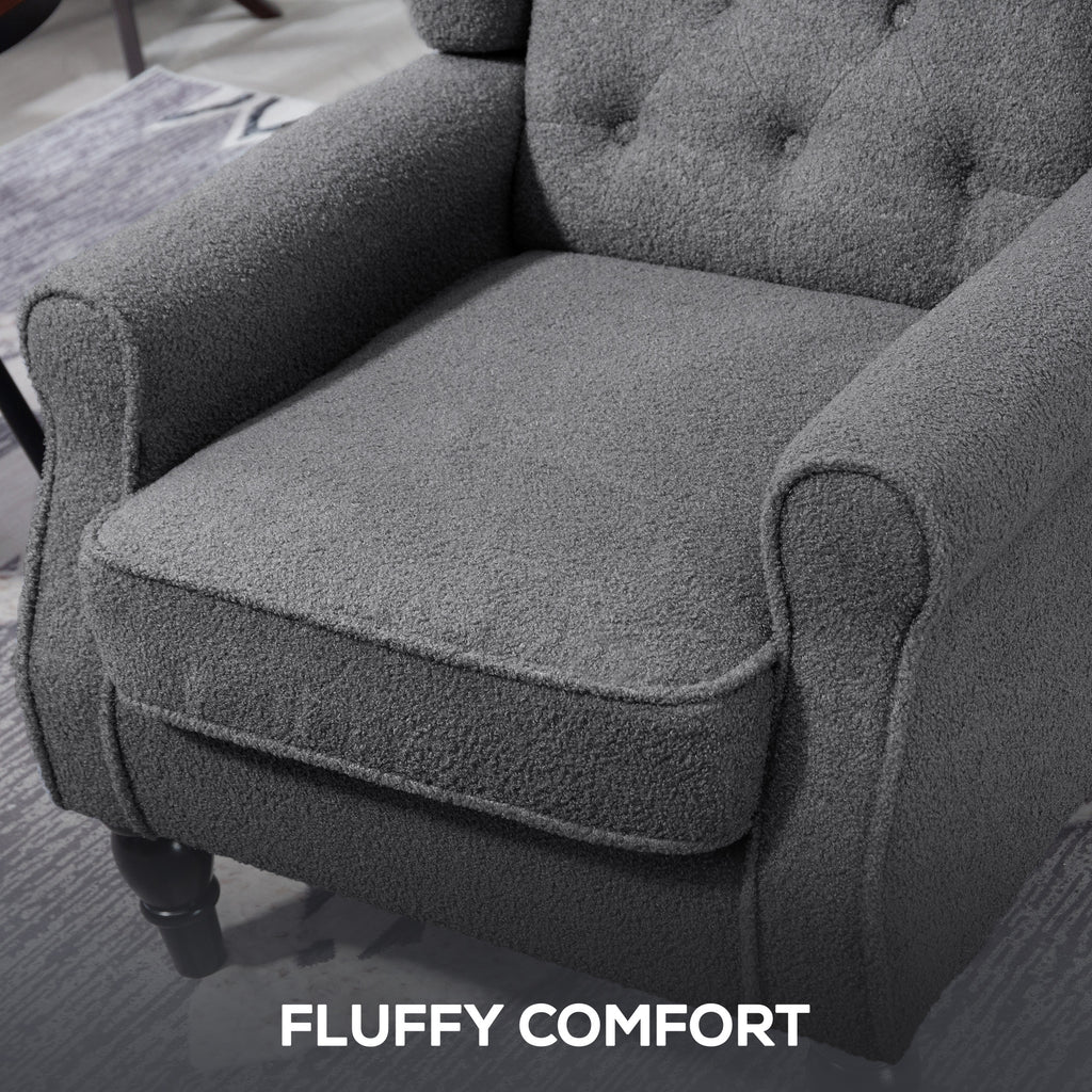 HOMCOM Teddy Fleece Retro Wingback Chair - Grey
