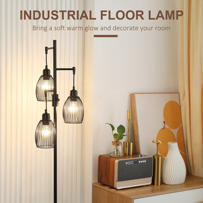 3-Light Floor Lamp, 170cm Industrial Dimmable Standing Lamp with Steel Wire Cage Lampshades for Living Room, Bedroom, Dining Room, Study, Bulb Not Included, Black