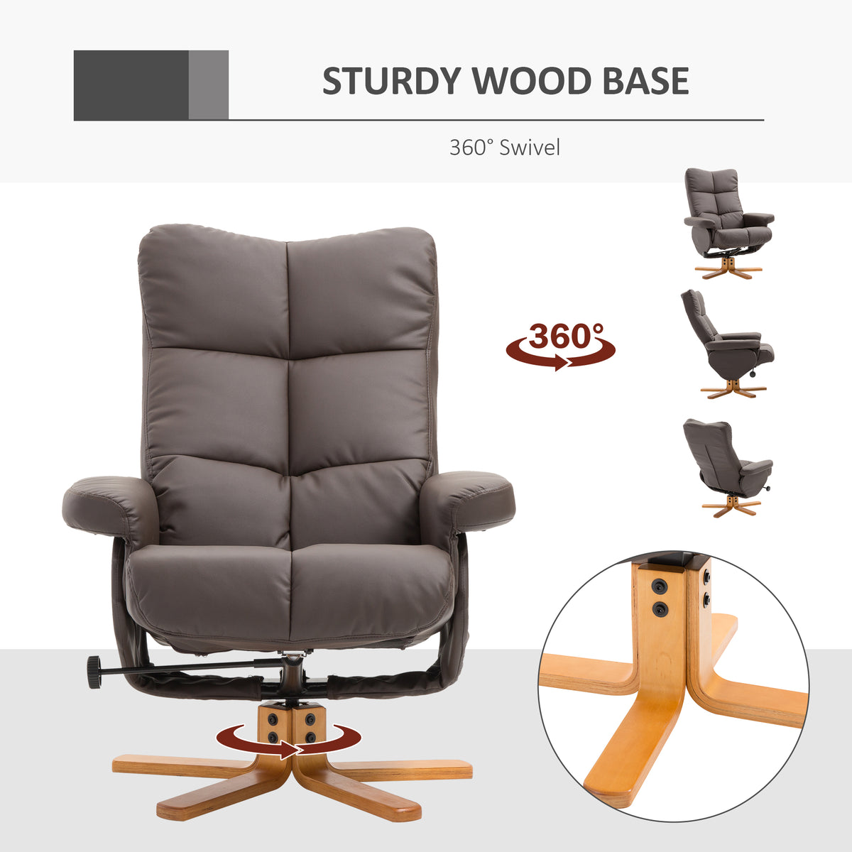 PU Leather Swivel Recliner Chair with Footstool, Wooden Base and Storage for Living Room, Brown