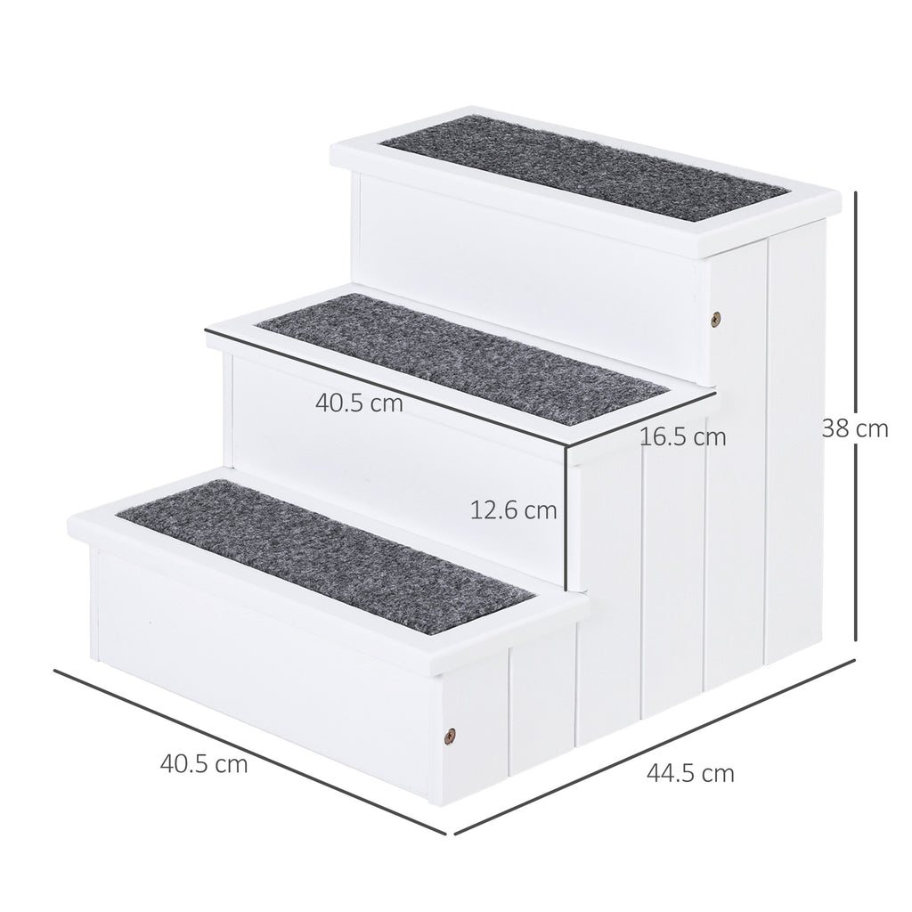 PawHut Dog Steps for Bed Sofa, 3 Step Wooden Dog Stairs for Sofa, Pet Stairs with Storage for Small Cats and Puppy, White