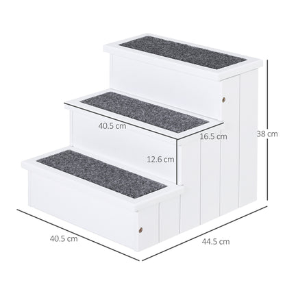 PawHut Dog Steps for Bed Sofa, 3 Step Wooden Dog Stairs for Sofa, Pet Stairs with Storage for Small Cats and Puppy, White