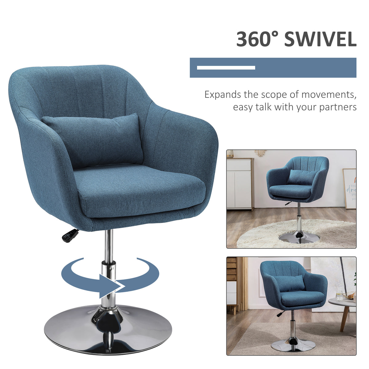 Swivel Accent Chair, Linen Fabric Tub Vanity Chair, Modern Armchair with Adjustable Height and Lumbar Support for Living Room Bedroom Salon Make up Room Dressing Table, Blue