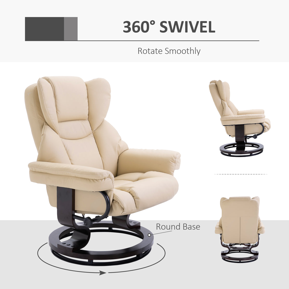 360° Swivel Recliner Chair with Footstool, PU Leather Manual Recliner Armchair with Footstool, Solid Wood Base, Upholstered Reclining Chair for Living Room, Bedroom, Office, Cream
