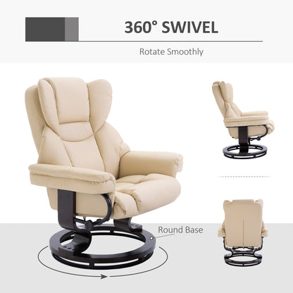 360° Swivel Recliner Chair with Footstool, PU Leather Manual Recliner Armchair with Footstool, Solid Wood Base, Upholstered Reclining Chair for Living Room, Bedroom, Office, Cream
