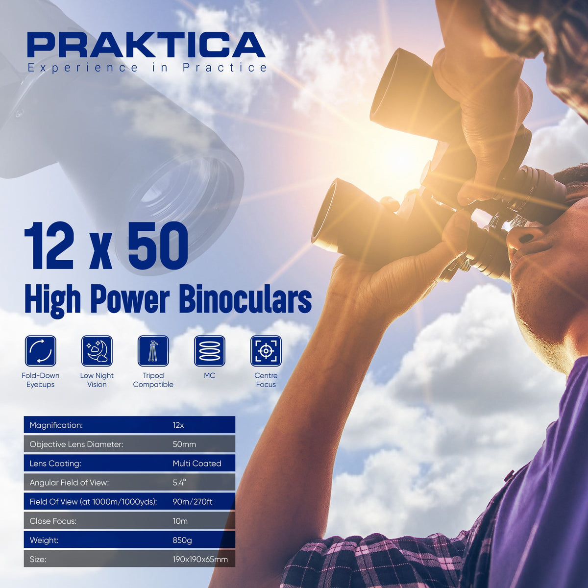 PRAKTICA Falcon 12x50mm Multi Coated Porro Prism Field Binoculars - Black