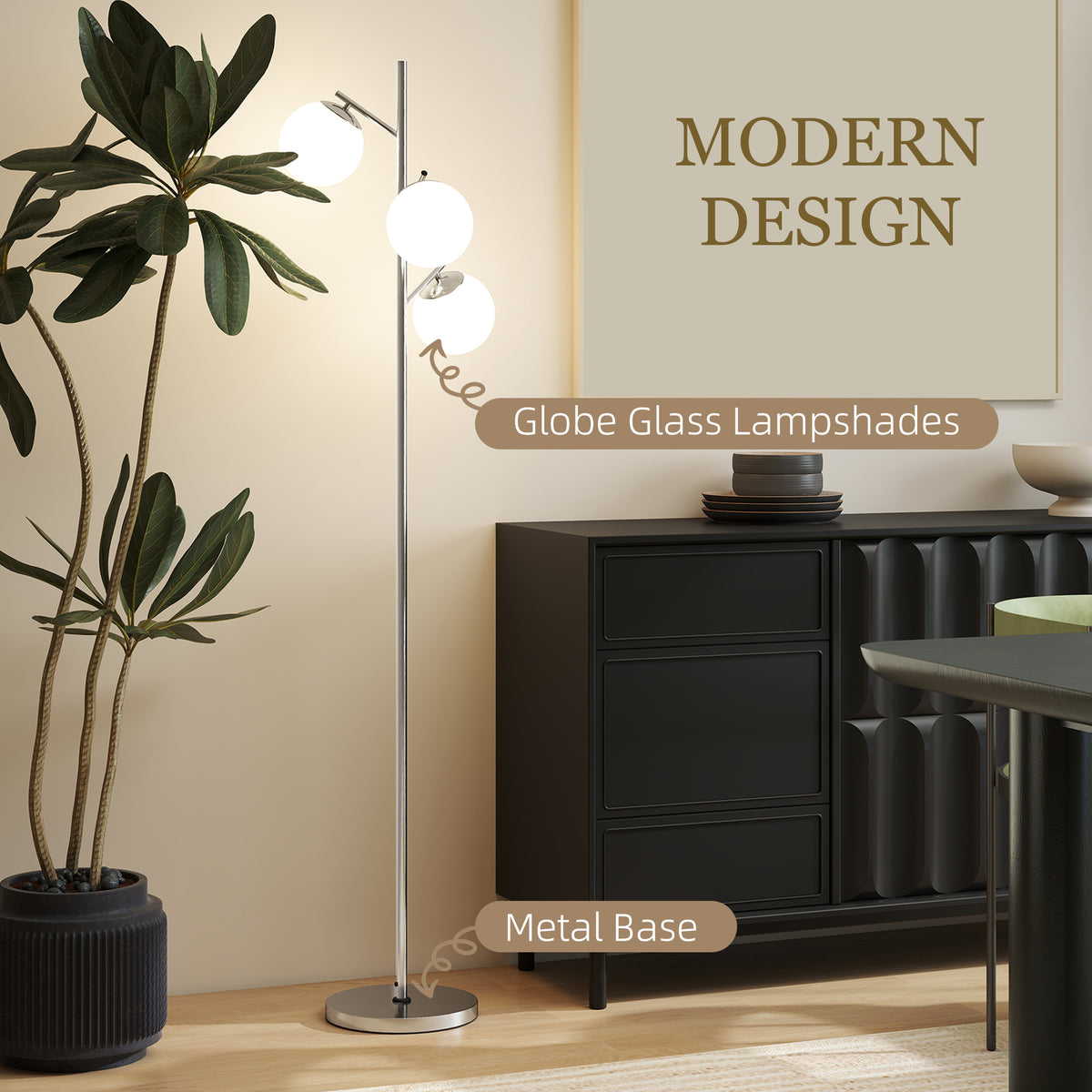 3-Light Tree Floor Lamps for Living Room, Modern Standing Lamp for Bedroom with Globe Lampshade, 3000K/4000K/6000K Colour Temperatures, Steel Base, Silver Tone