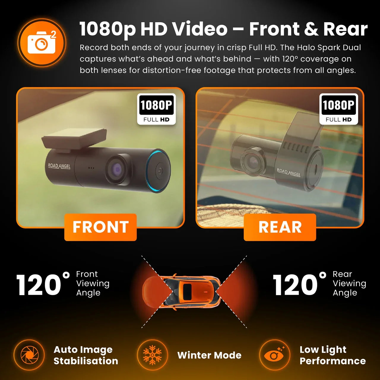 Road Angel Halo Spark Dual Deluxe 1080p Front & Rear Dash Cam with 64GB SD Card & Hardwire Kit