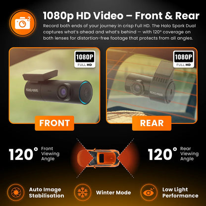 Road Angel Halo Spark Dual Deluxe 1080p Front & Rear Dash Cam with 64GB SD Card & Hardwire Kit