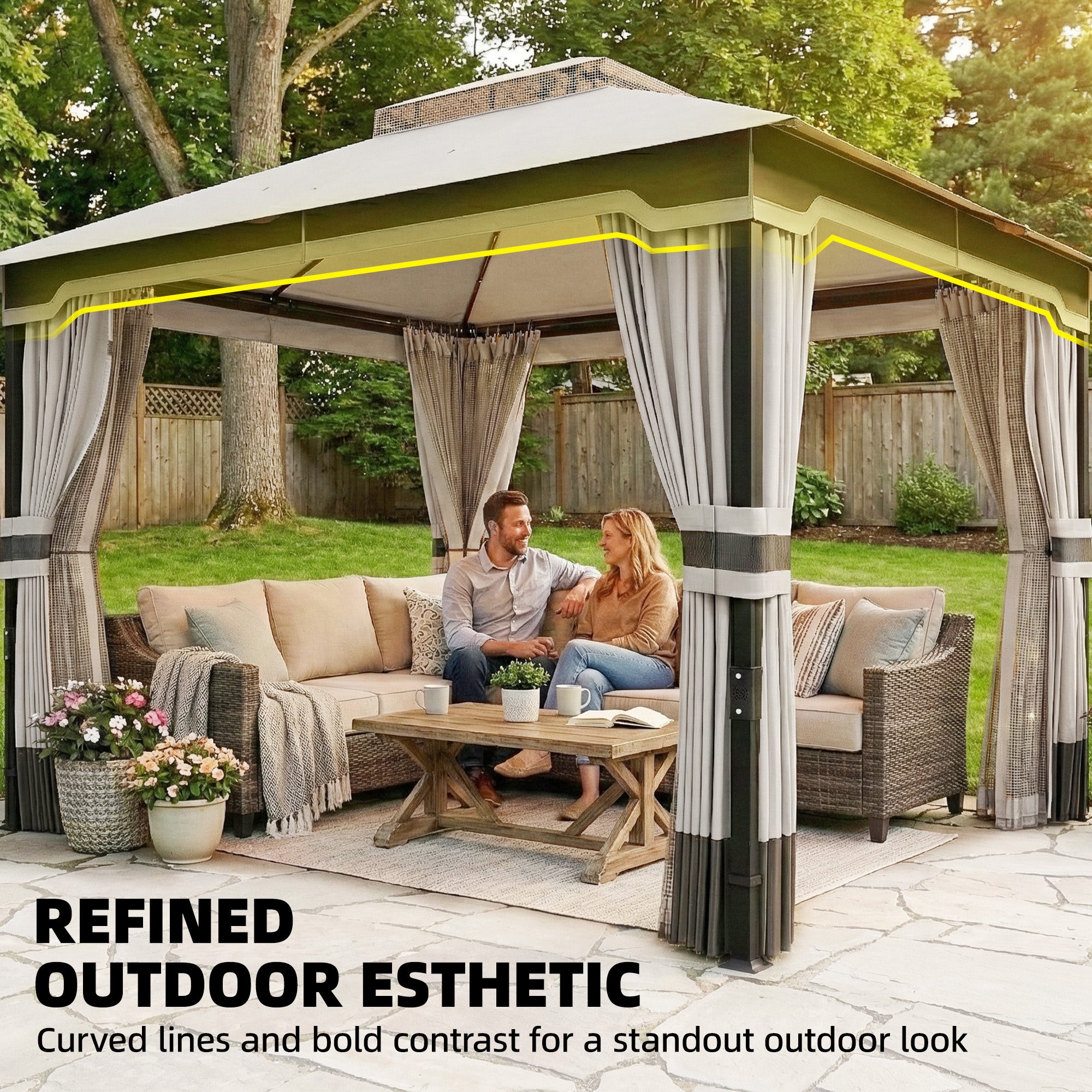 Outsunny 3 x 3.6 m Outdoor Garden Gazebo with Netting and Curtains, Double Roof Patio Gazebo Permanent Pavilion, Light Grey