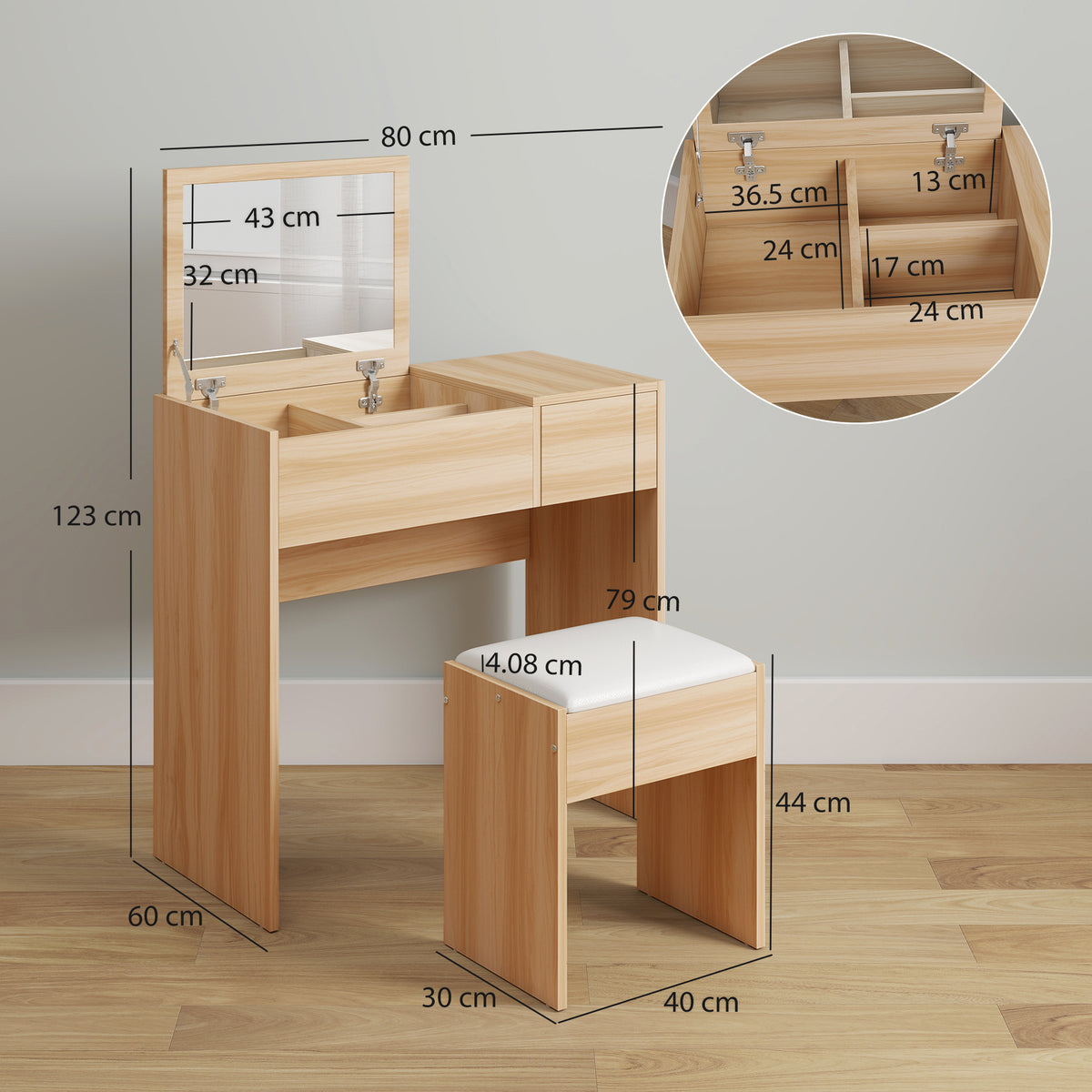 Dressing Table with Flip-Up Mirror and Cushioned Stool, Makeup Vanity Desk with Hidden Compartments and Storage Drawer, Convertible Writing Table for Bedroom, Natural