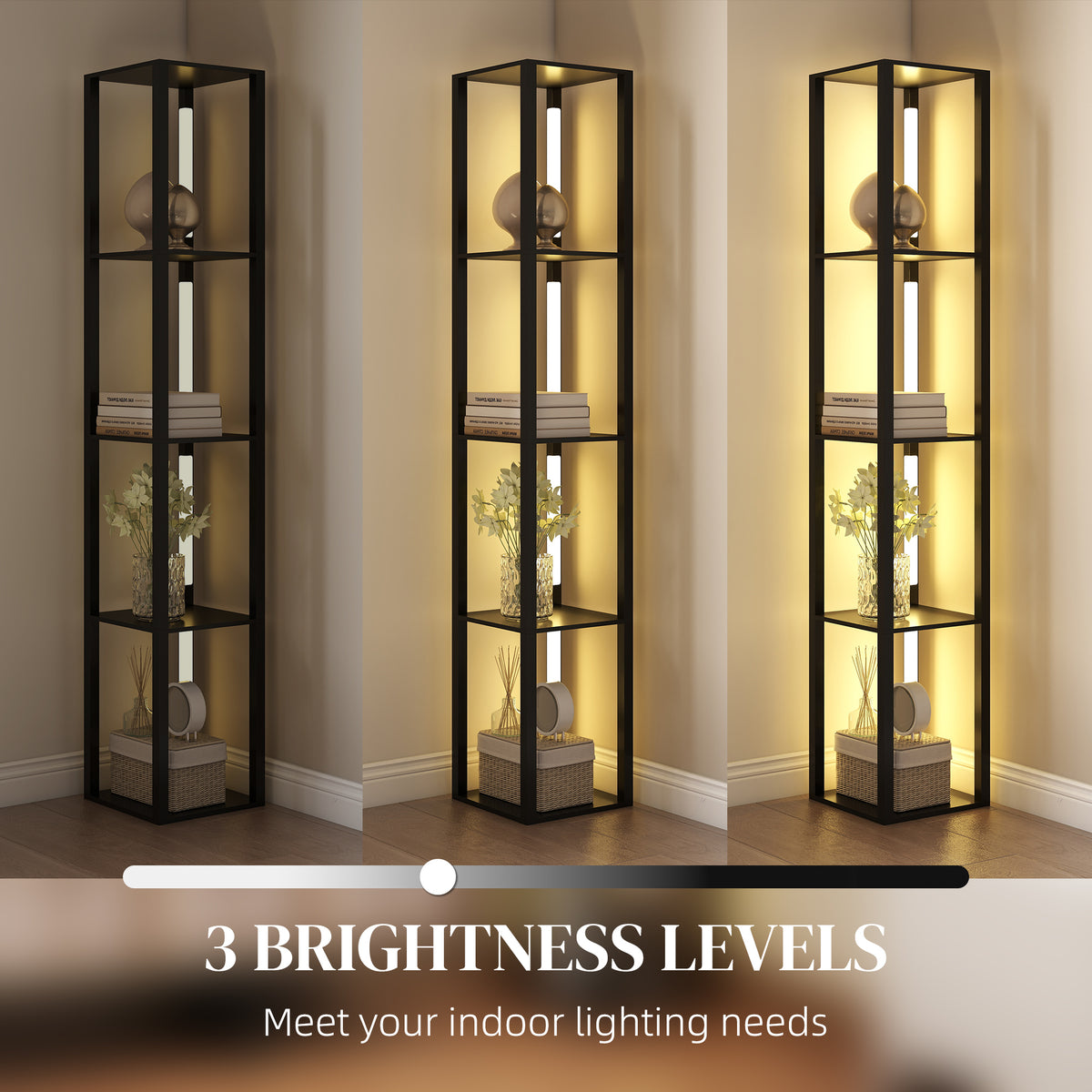 LED Floor Lamp with Shelves, Modern Dimmable Standing Lamp with 3 Brightness Levels and Foot Switch for Living Room, Bedroom, Office, Black