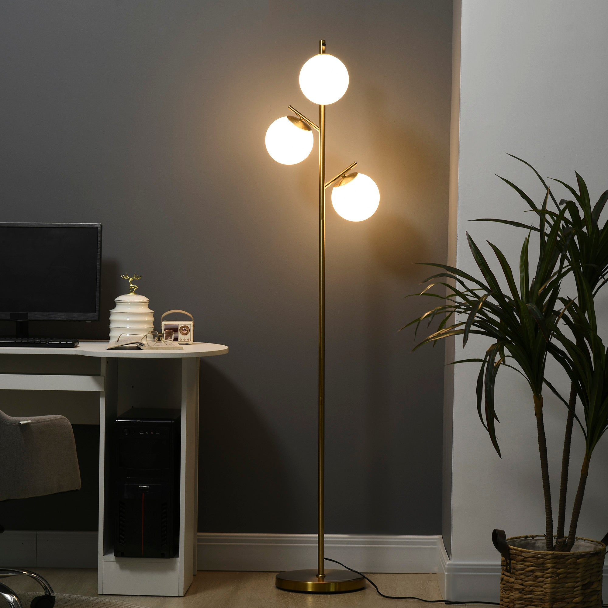 3-Light Tree Floor Lamps for Living Room, Modern Standing Lamp for Bedroom with Globe Lampshade, Steel Base, Bulb not Included, Gold Tone