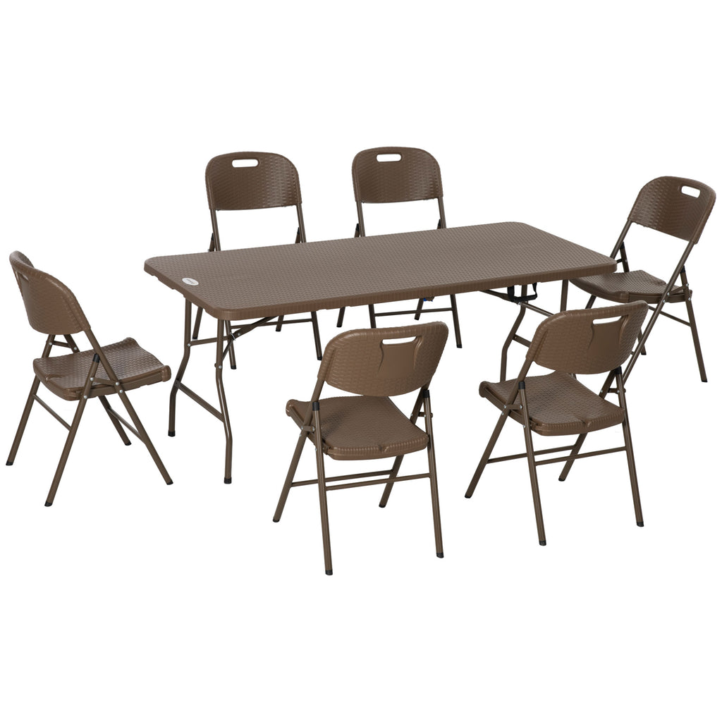 Outsunny 6 Seater Garden Dining Set, Rattan-Style HDPE Garden Furniture Set, Outdoor Dining Table and Chairs with 6 Armchairs and Rectangular Plastic Top Table for Patio, Balcony, Dark Brown